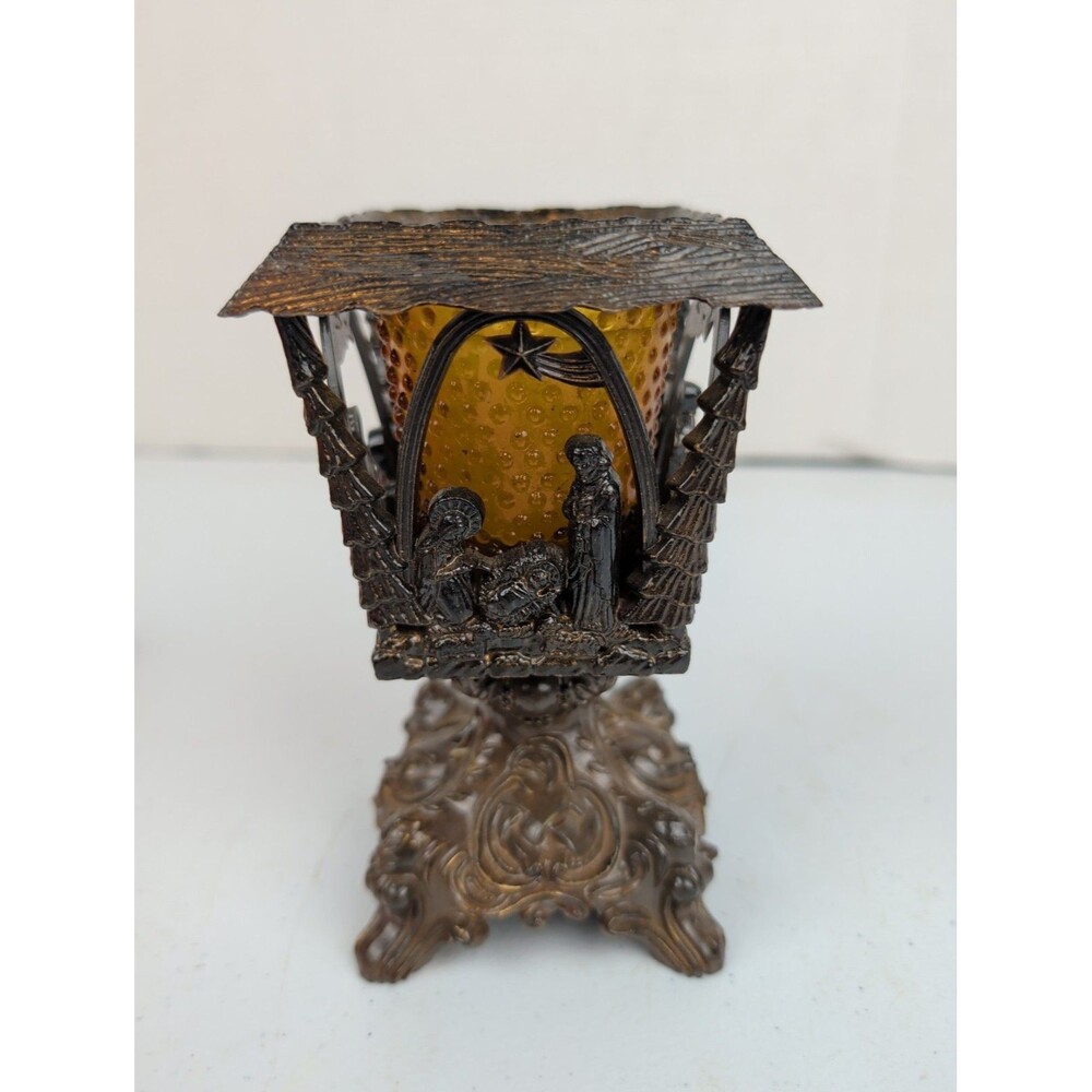 VTG Faux Brass Nativity Lamp Candle Holder Merri- Mack Hong Kong Xmas Gothic